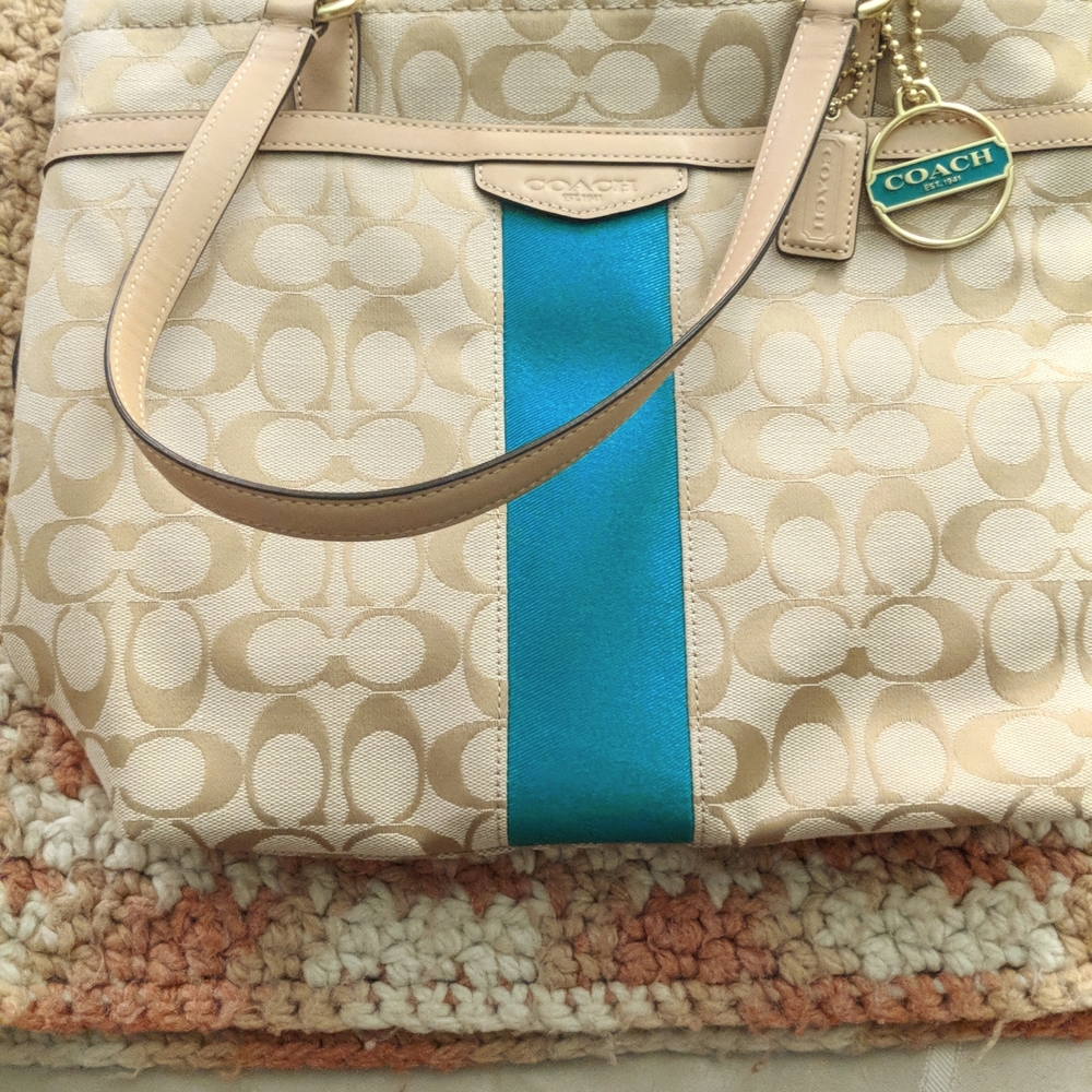 Coach Bag B4 Model in Khaki with Emerald Stripe